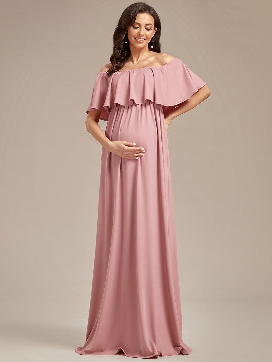 Robe de Maternité évasée flatteuse avec volants épaules dénudées #Couleur_Bordeaux Robe de Maternité évasée flatteuse avec volants épaules dénudées