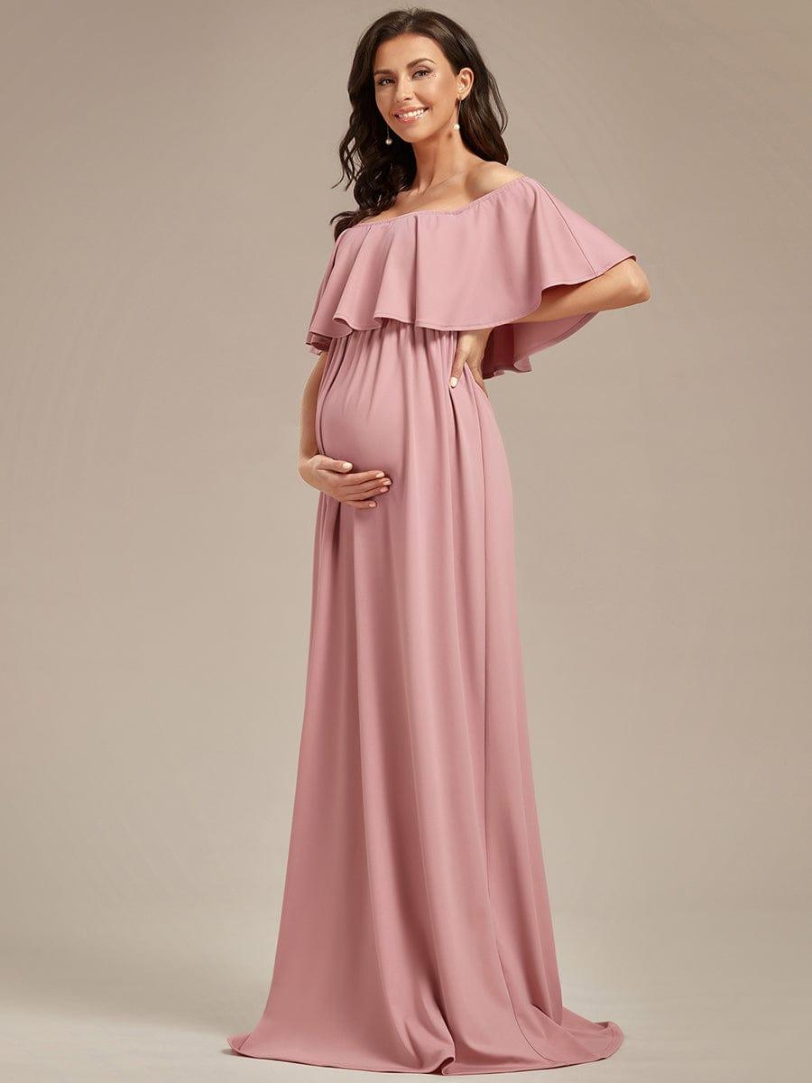 Robe de Maternité évasée flatteuse avec volants épaules dénudées #Couleur_Bordeaux Robe de Maternité évasée flatteuse avec volants épaules dénudées