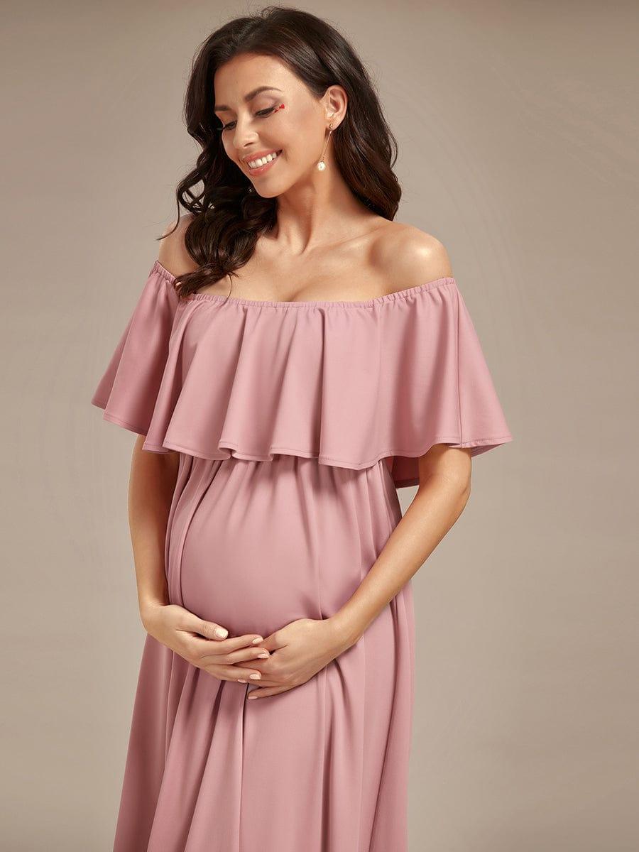 Robe de Maternité évasée flatteuse avec volants épaules dénudées #Couleur_Bordeaux Robe de Maternité évasée flatteuse avec volants épaules dénudées