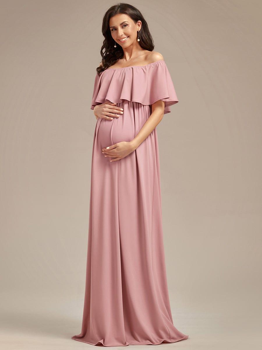 Robe de Maternité évasée flatteuse avec volants épaules dénudées #Couleur_Bordeaux Robe de Maternité évasée flatteuse avec volants épaules dénudées