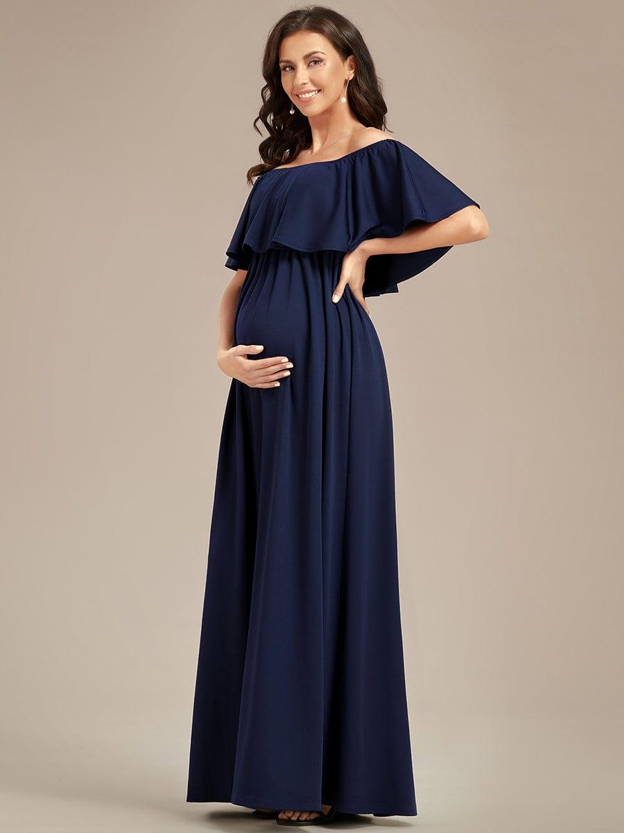 Robe de Maternité évasée flatteuse avec volants épaules dénudées #Couleur_Bordeaux Robe de Maternité évasée flatteuse avec volants épaules dénudées