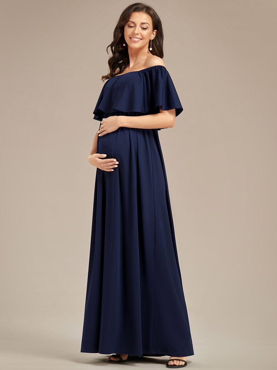Robe de Maternité évasée flatteuse avec volants épaules dénudées #Couleur_Bordeaux Robe de Maternité évasée flatteuse avec volants épaules dénudées