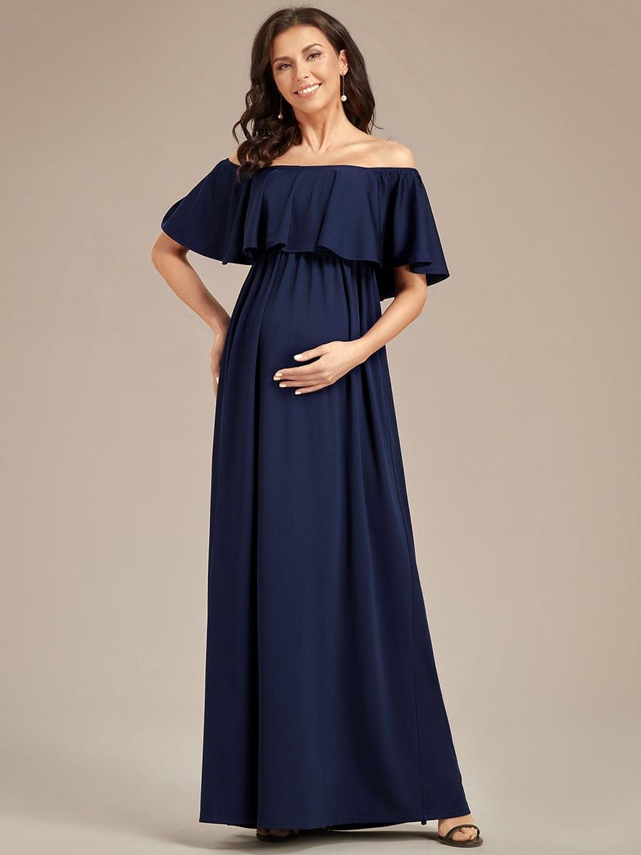 Robe de Maternité évasée flatteuse avec volants épaules dénudées #Couleur_Bordeaux Robe de Maternité évasée flatteuse avec volants épaules dénudées