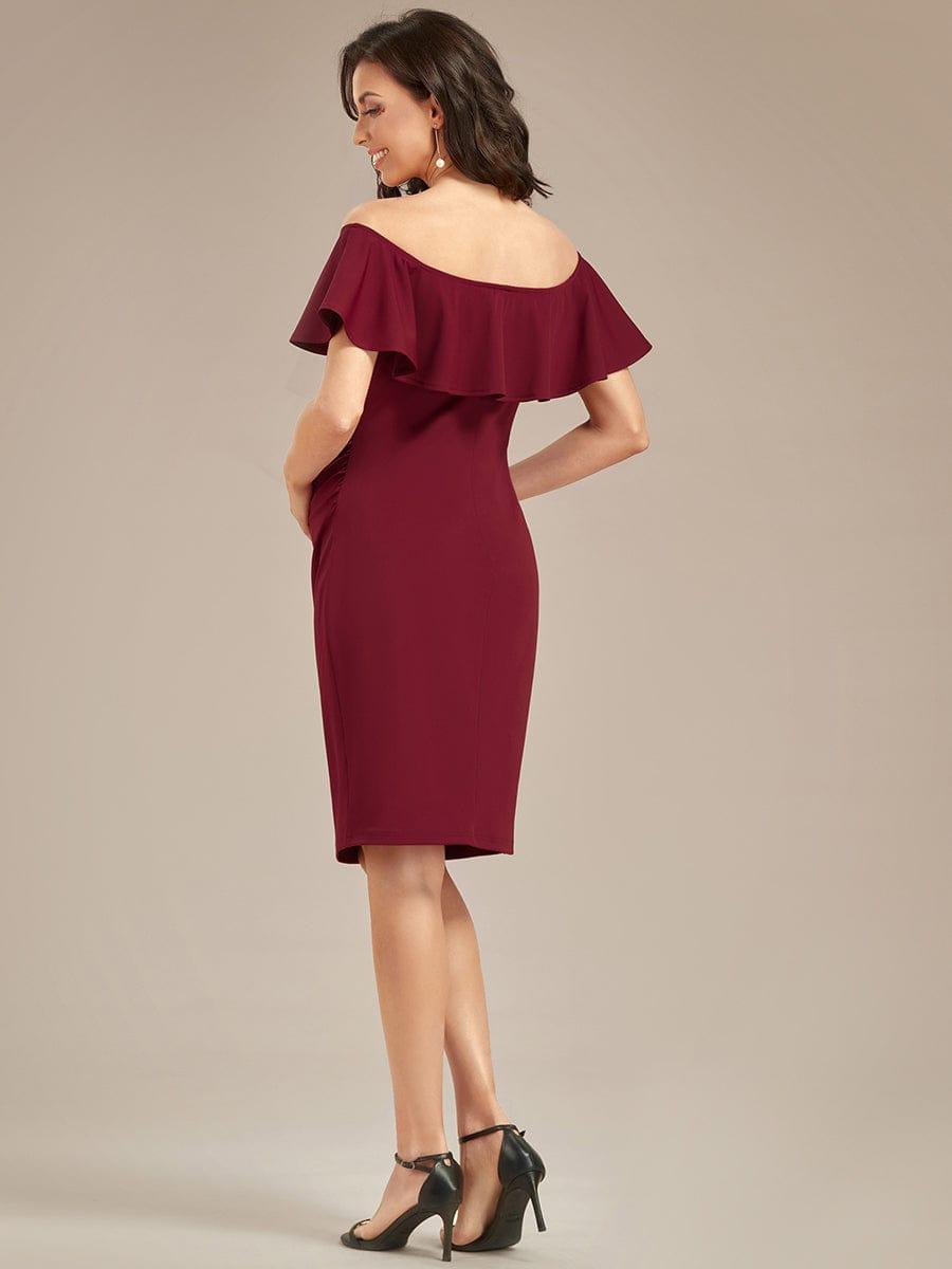 Robe de Maternité mi-longue moulante élégante épaules dénudées #Couleur_Bordeaux Robe de Maternité mi-longue moulante élégante épaules dénudées