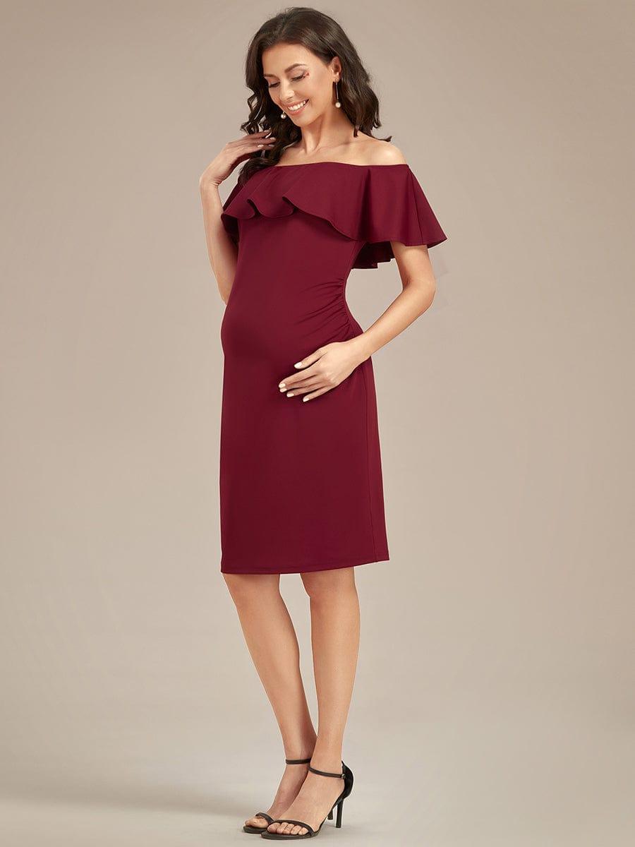 Robe de Maternité mi-longue moulante élégante épaules dénudées #Couleur_Bordeaux Robe de Maternité mi-longue moulante élégante épaules dénudées