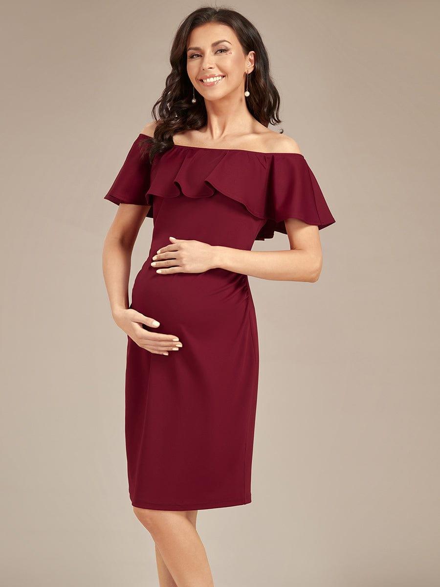 Robe de Maternité mi-longue moulante élégante épaules dénudées #Couleur_Bordeaux Robe de Maternité mi-longue moulante élégante épaules dénudées