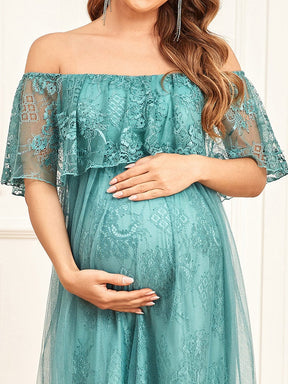 Color=Bleu poussiéreux | Robe de maternité trapèze en dentelle plissée transparente à épaules dénudées-Bleu poussiéreux 4