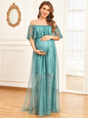 Color=Bleu poussiéreux | Robe de maternité trapèze en dentelle plissée transparente à épaules dénudées-Bleu poussiéreux 5