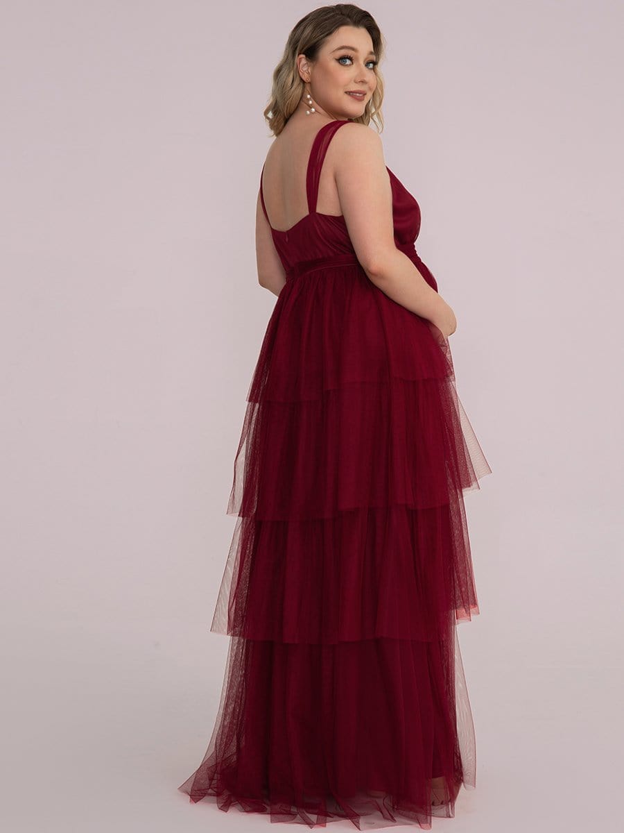 Color=Rose | Robe de Grossesse Longue en Tulle Superposé à Côtes Mi-Longues Sans Manches en V Profond de Grande Taille-Rose 1 Color=Bordeaux | Robe de Grossesse Longue en Tulle Superposé à Côtes Mi-Longues Sans Manches en V Profond de Grande Taille-Bordeaux 5
