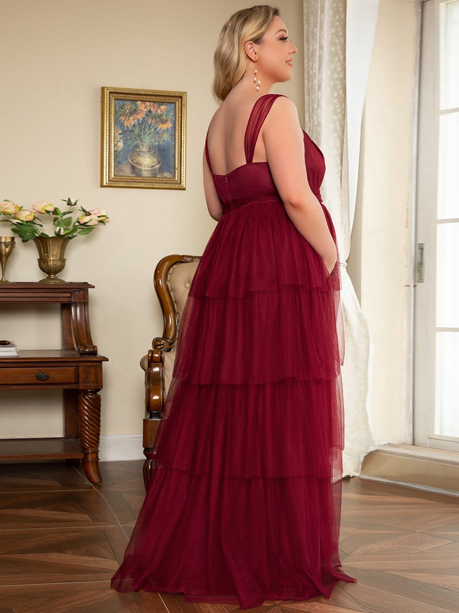 Color=Rose | Robe de Grossesse Longue en Tulle Superposé à Côtes Mi-Longues Sans Manches en V Profond de Grande Taille-Rose 1 Color=Bordeaux | Robe de Grossesse Longue en Tulle Superposé à Côtes Mi-Longues Sans Manches en V Profond de Grande Taille-Bordeaux 2