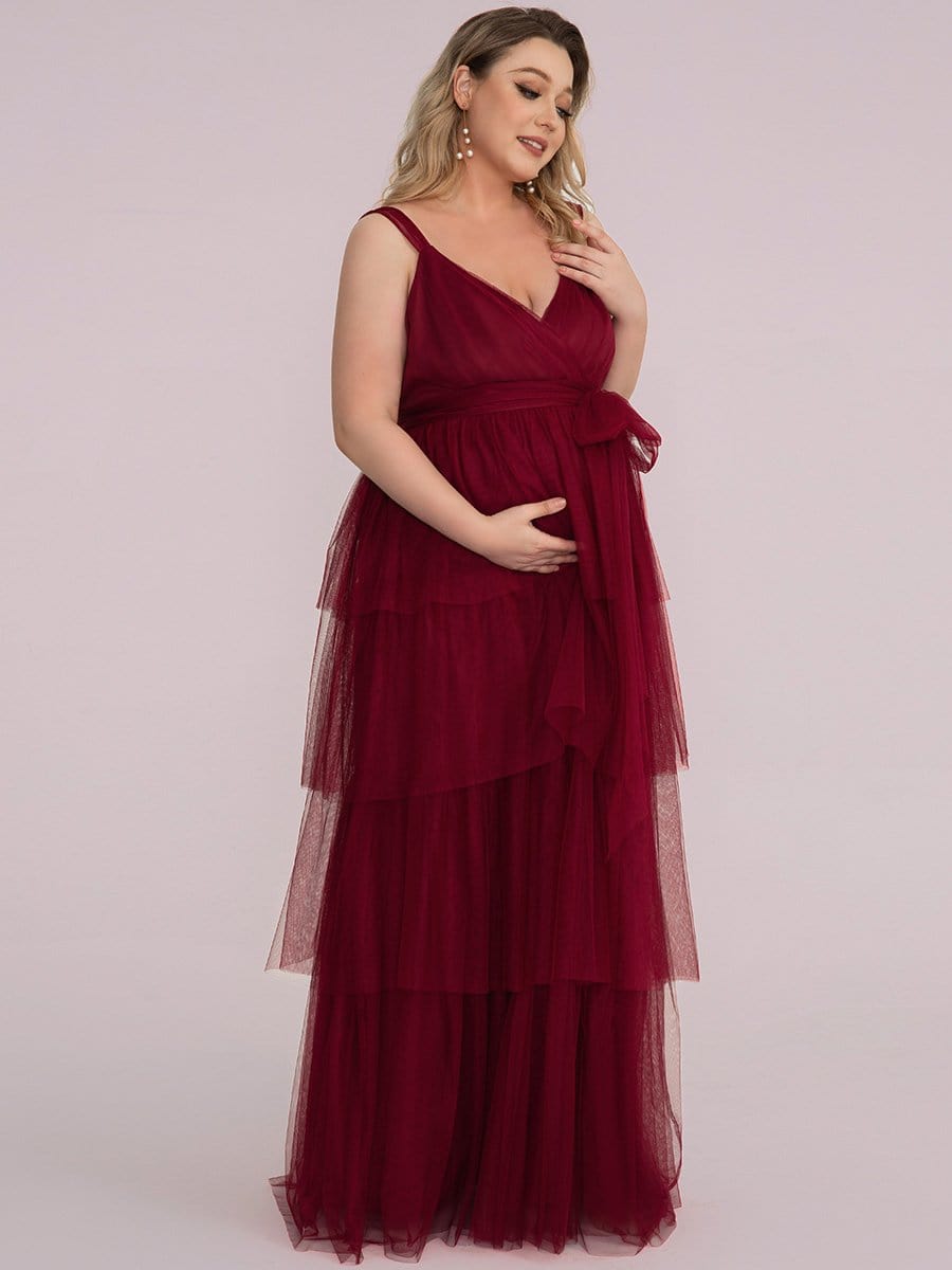 Color=Rose | Robe de Grossesse Longue en Tulle Superposé à Côtes Mi-Longues Sans Manches en V Profond de Grande Taille-Rose 1 Color=Bordeaux | Robe de Grossesse Longue en Tulle Superposé à Côtes Mi-Longues Sans Manches en V Profond de Grande Taille-Bordeaux 4