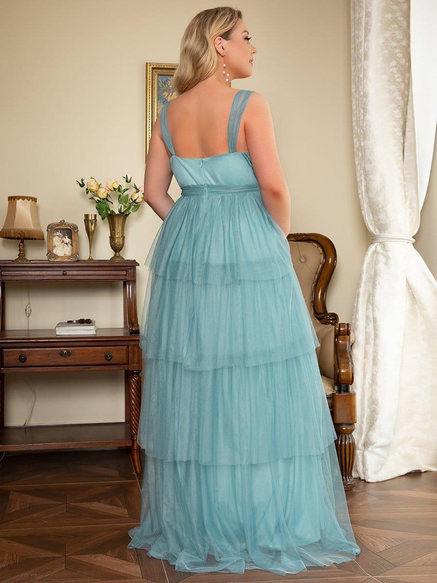Color=Rose | Robe de Grossesse Longue en Tulle Superposé à Côtes Mi-Longues Sans Manches en V Profond de Grande Taille-Rose 1 Color=Bleu poussiéreux | Robe de Grossesse Longue en Tulle Superposé à Côtes Mi-Longues Sans Manches en V Profond de Grande Taille-Bleu poussiéreux 2