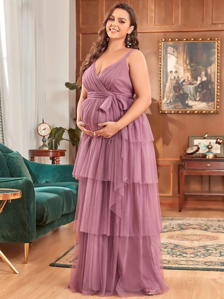 Color=Rose | Robe de Grossesse Longue en Tulle Superposé à Côtes Mi-Longues Sans Manches en V Profond de Grande Taille-Rose 1 Color=Orchidee | Robe de Grossesse Longue en Tulle Superposé à Côtes Mi-Longues Sans Manches en V Profond de Grande Taille-Orchidee 1