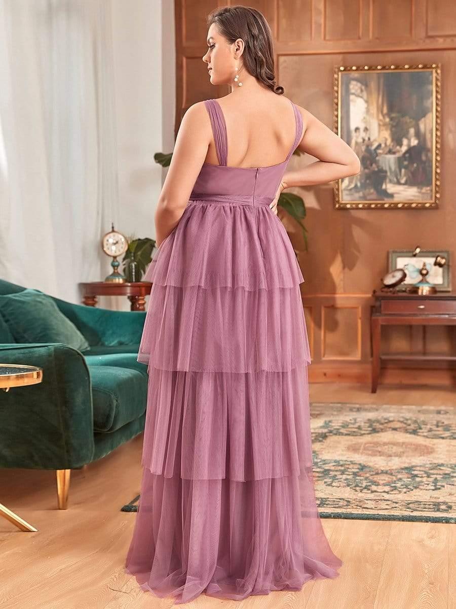 Color=Rose | Robe de Grossesse Longue en Tulle Superposé à Côtes Mi-Longues Sans Manches en V Profond de Grande Taille-Rose 1 Color=Orchidee | Robe de Grossesse Longue en Tulle Superposé à Côtes Mi-Longues Sans Manches en V Profond de Grande Taille-Orchidee 2