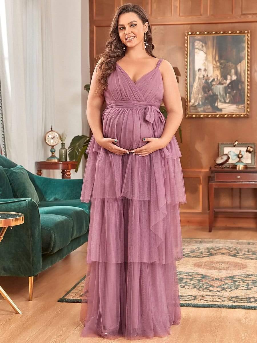 Color=Rose | Robe de Grossesse Longue en Tulle Superposé à Côtes Mi-Longues Sans Manches en V Profond de Grande Taille-Rose 1 Color=Orchidee | Robe de Grossesse Longue en Tulle Superposé à Côtes Mi-Longues Sans Manches en V Profond de Grande Taille-Orchidee 3