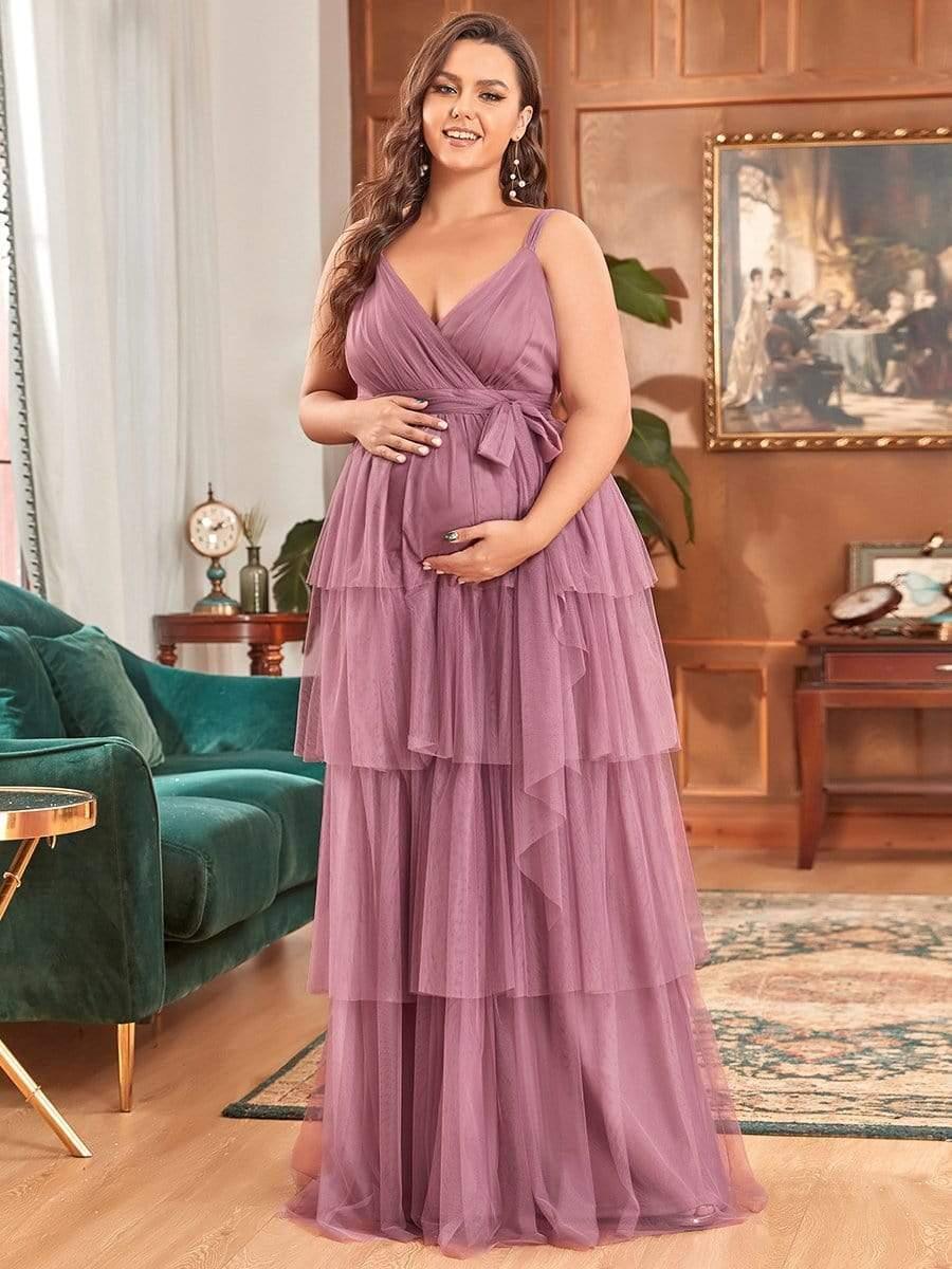 Color=Rose | Robe de Grossesse Longue en Tulle Superposé à Côtes Mi-Longues Sans Manches en V Profond de Grande Taille-Rose 1 Color=Orchidee | Robe de Grossesse Longue en Tulle Superposé à Côtes Mi-Longues Sans Manches en V Profond de Grande Taille-Orchidee 4