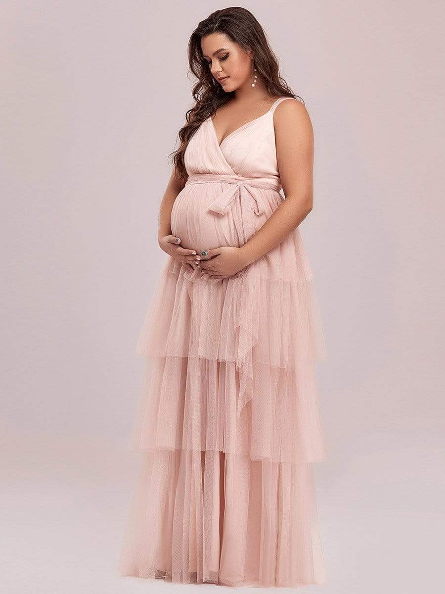 Color=Rose | Robe de Grossesse Longue en Tulle Superposé à Côtes Mi-Longues Sans Manches en V Profond de Grande Taille-Rose 1 Color=Rose | Robe de Grossesse Longue en Tulle Superposé à Côtes Mi-Longues Sans Manches en V Profond de Grande Taille-Rose 8