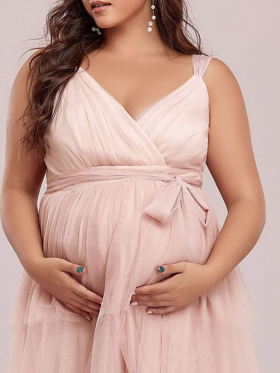 Color=Rose | Robe de Grossesse Longue en Tulle Superposé à Côtes Mi-Longues Sans Manches en V Profond de Grande Taille-Rose 1 Color=Rose | Robe de Grossesse Longue en Tulle Superposé à Côtes Mi-Longues Sans Manches en V Profond de Grande Taille-Rose 9