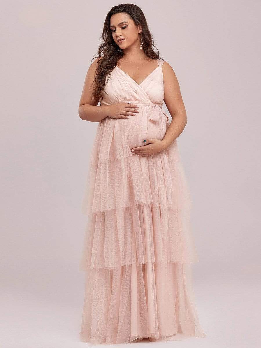 Color=Rose | Robe de Grossesse Longue en Tulle Superposé à Côtes Mi-Longues Sans Manches en V Profond de Grande Taille-Rose 1 Color=Rose | Robe de Grossesse Longue en Tulle Superposé à Côtes Mi-Longues Sans Manches en V Profond de Grande Taille-Rose 5