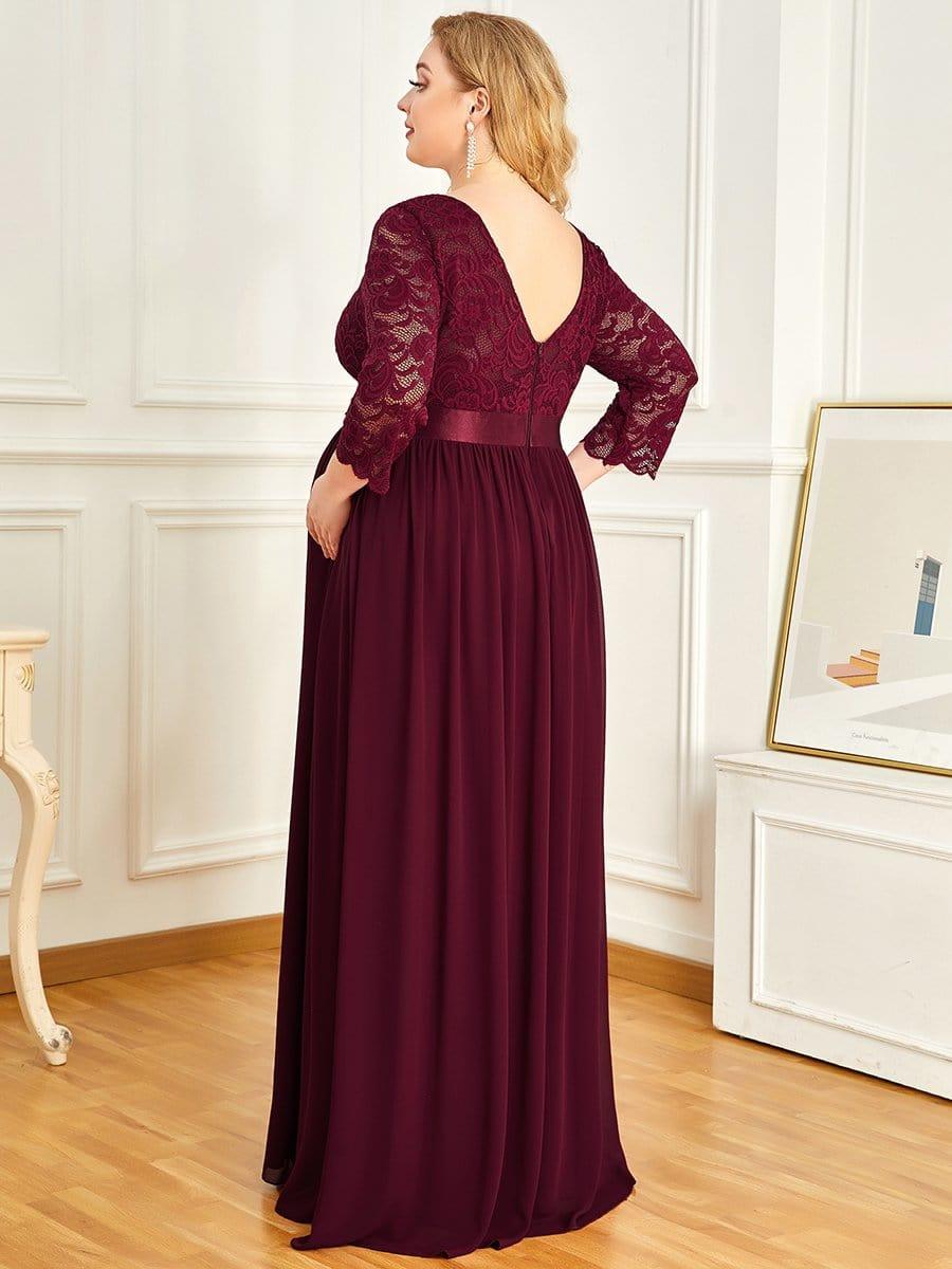 Color=Bordeaux | Robe de Maternité Grande Taille à Manches 3/4 en Dentelle Longueur au Sol-Bordeaux 2
