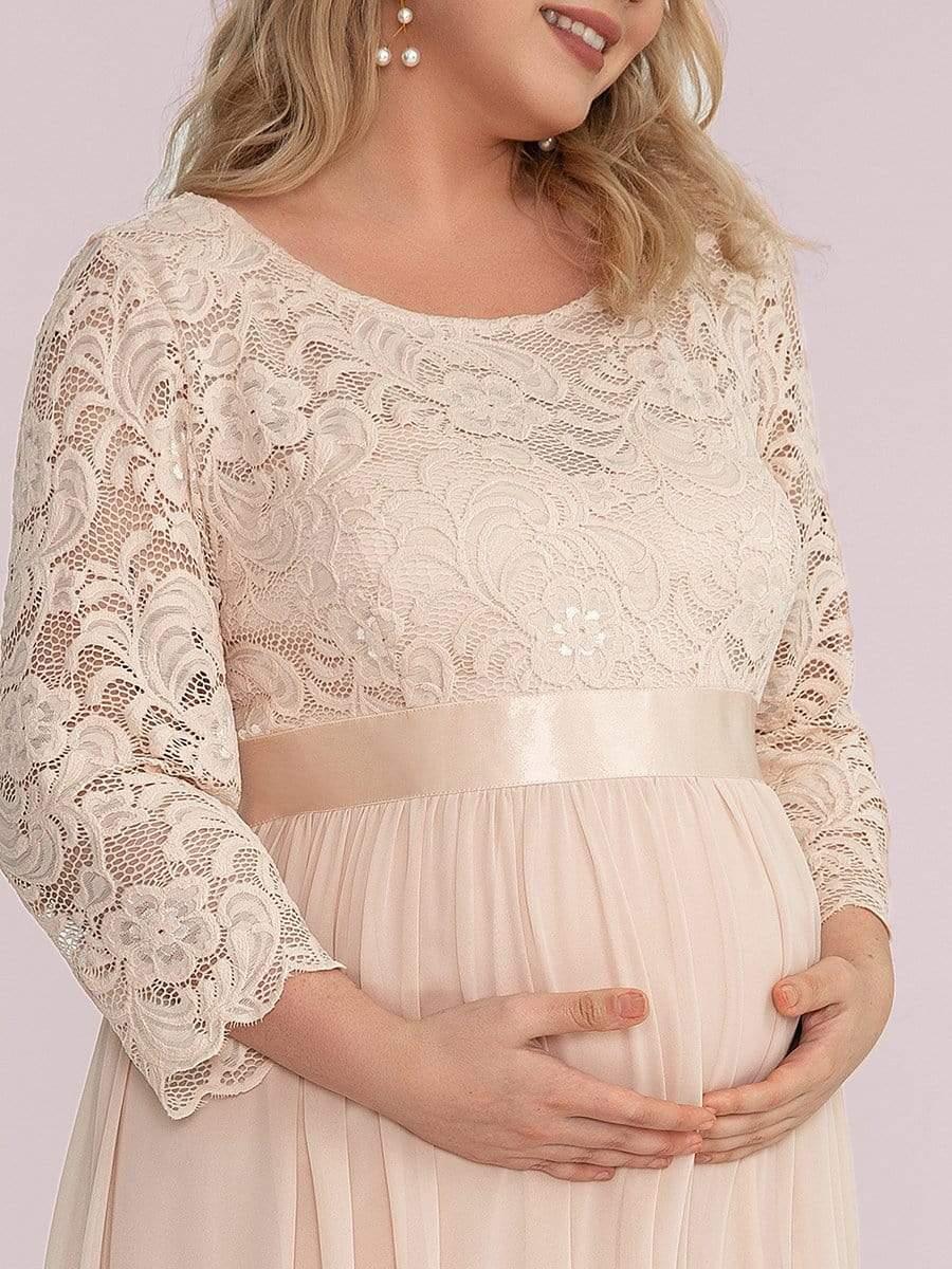 Color=Rose Clair | Robe de Maternité Grande Taille à Manches 3/4 en Dentelle Longueur au Sol-Rose Clair 5