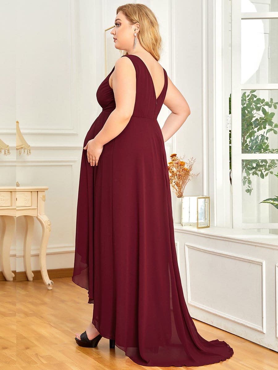 Color=Rose | Robe de maternité longue plissée en V profond-Rose 1 Color=Bordeaux | Robe de maternité longue plissée en V profond-Bordeaux 2