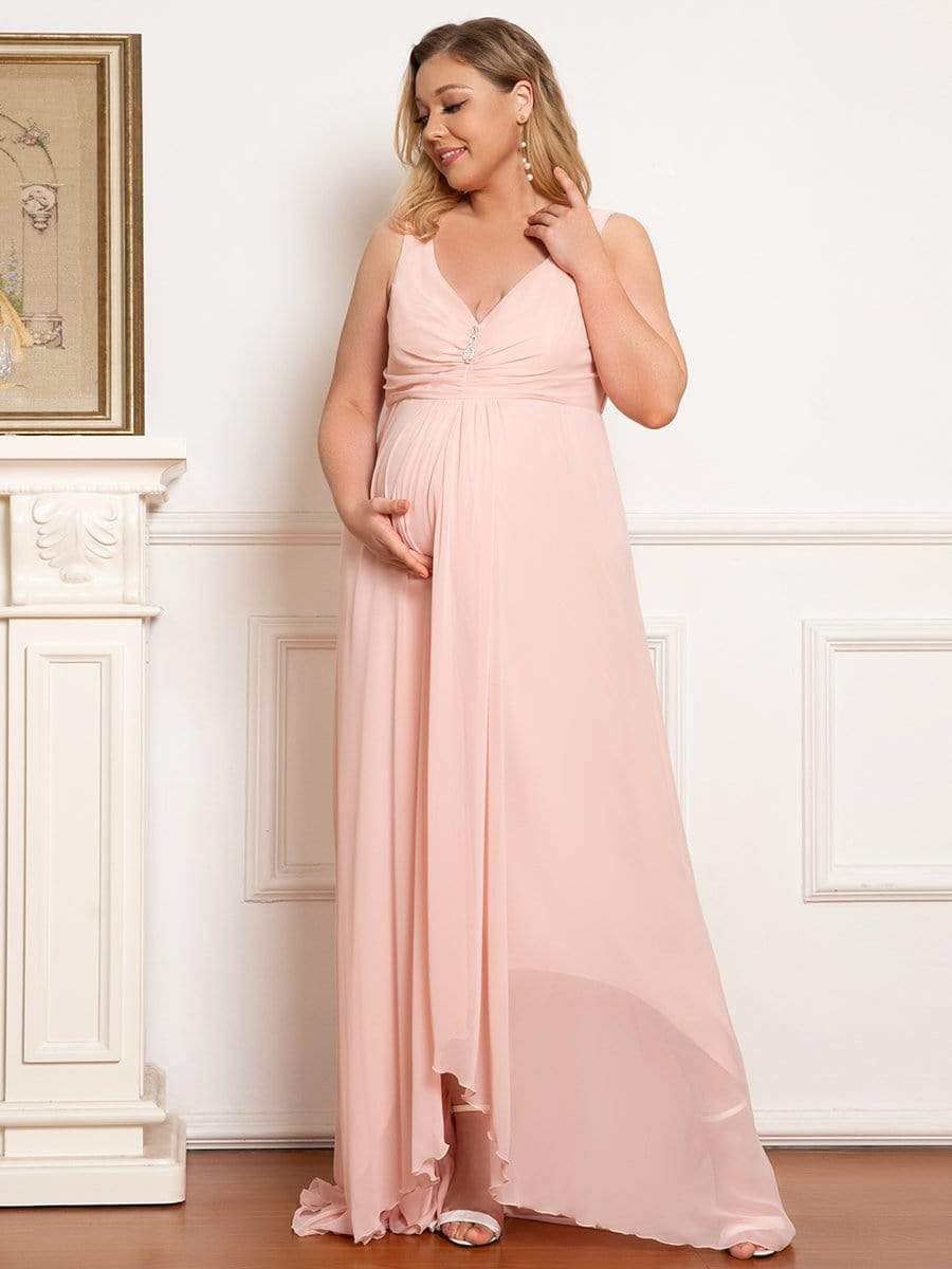 Color=Rose | Robe de maternité longue plissée en V profond-Rose 1 Color=Rose | Robe de maternité longue plissée en V profond-Rose 3