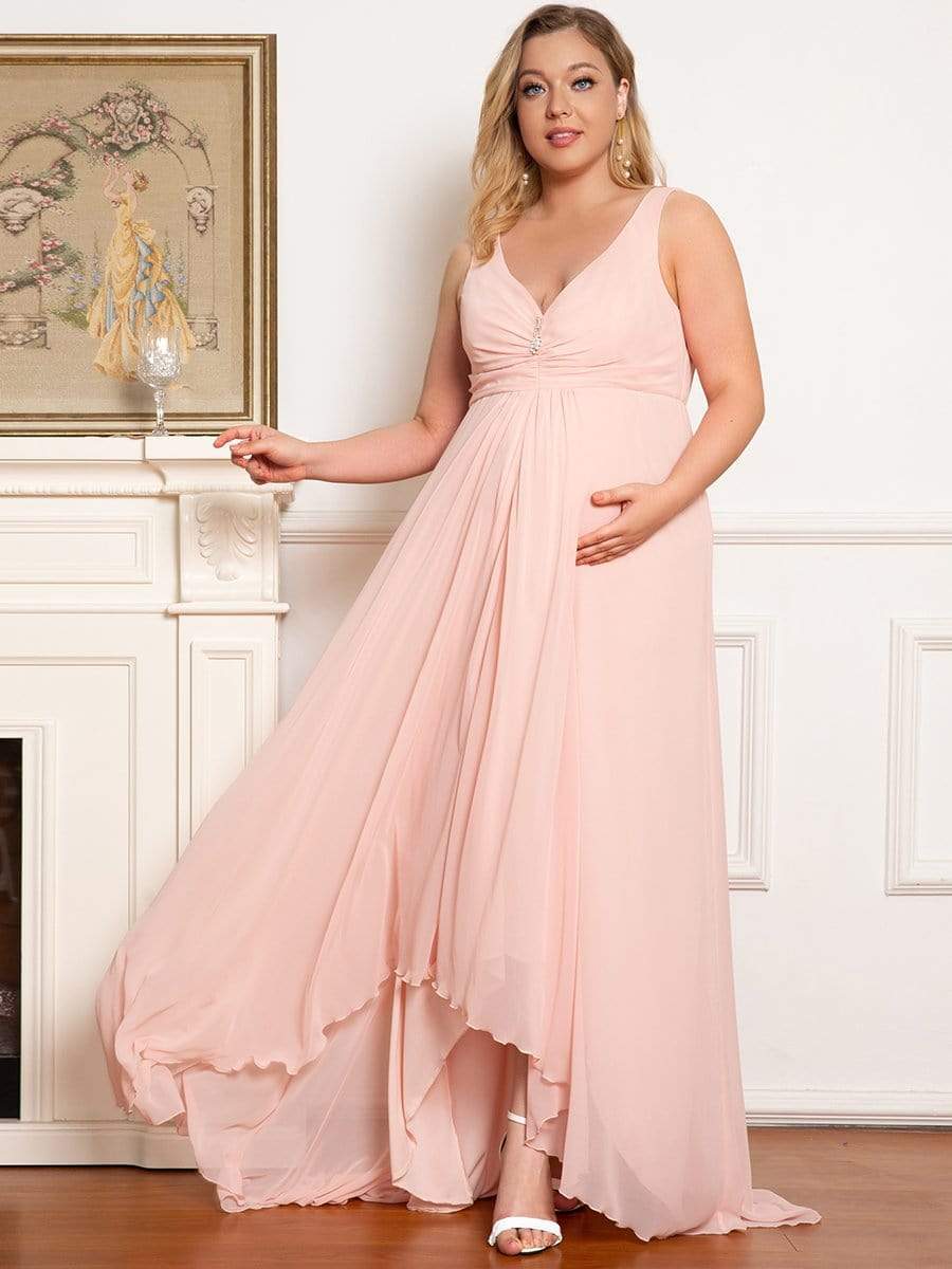 Color=Rose | Robe de maternité longue plissée en V profond-Rose 1 Color=Rose | Robe de maternité longue plissée en V profond-Rose 4