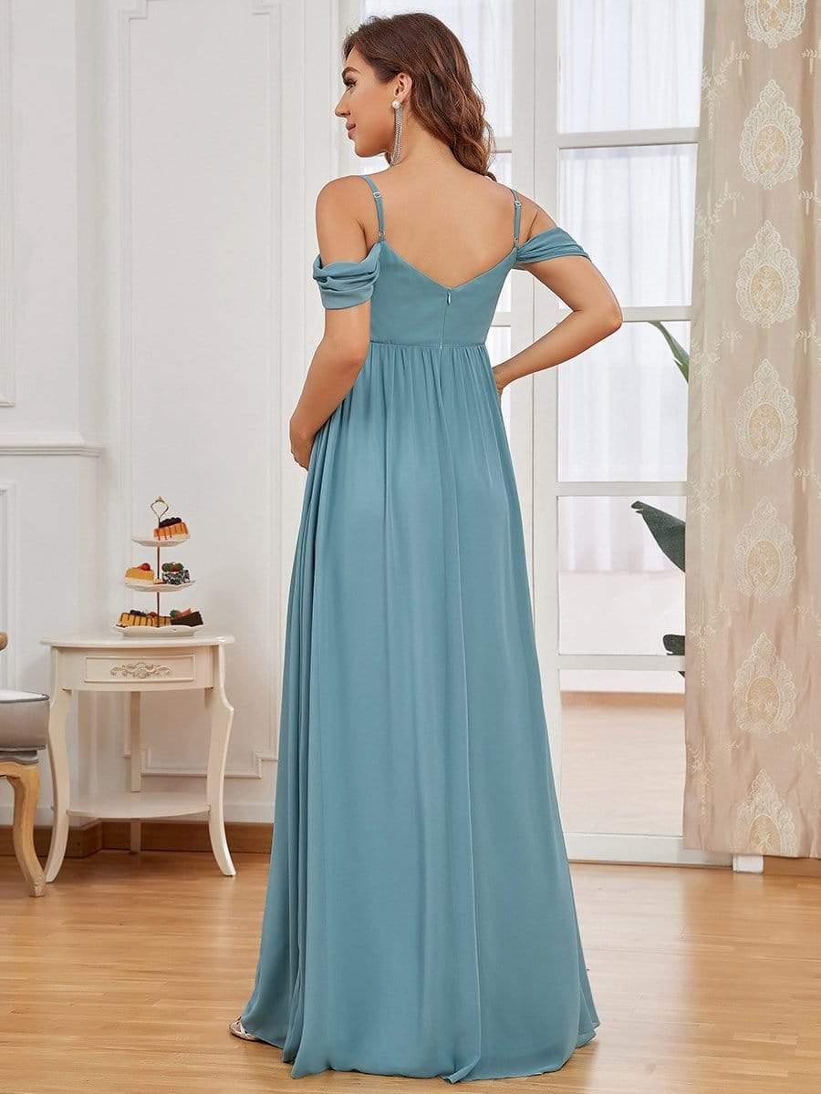 Maxi robe de maternité solide à bretelles spaghetti à épaules dénudées #Couleur_Bleu Fume