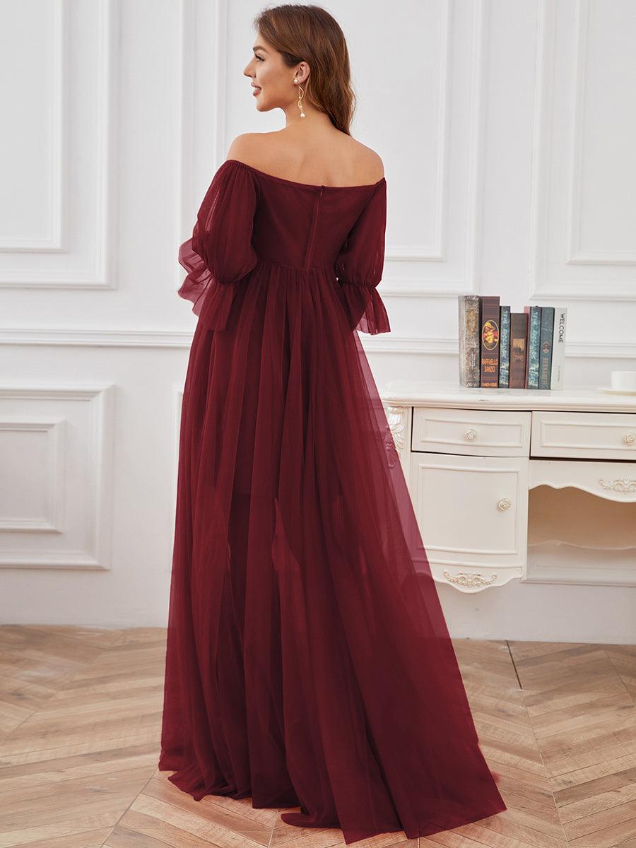 Maxi robe de maternité en tulle plissé à épaules dénudées #Couleur_Bordeaux