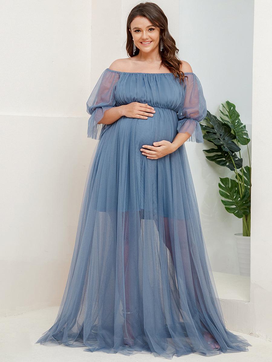 Maxi robe de maternité en tulle plissé à épaules dénudées #Couleur_Marine Fume