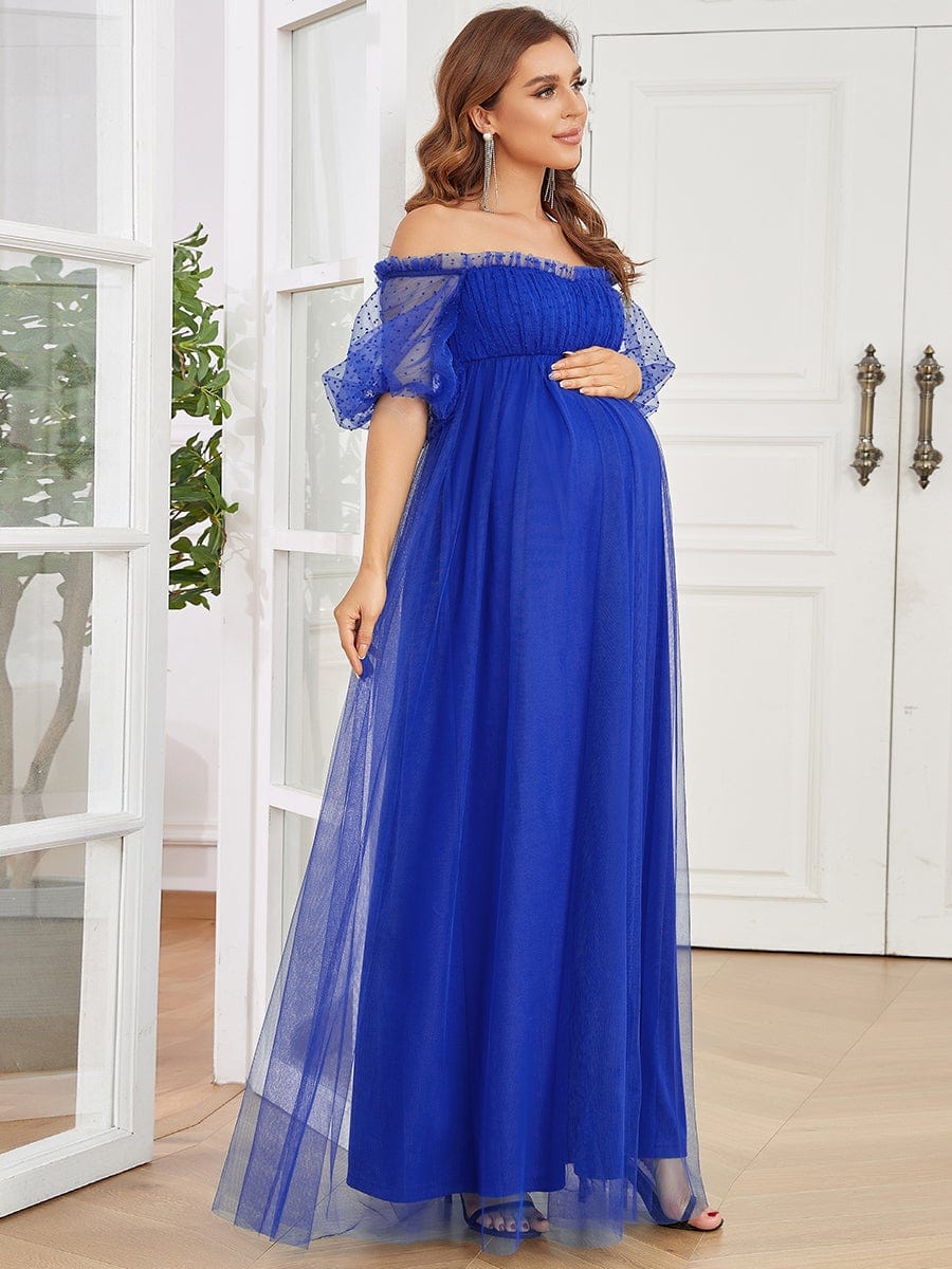 Color=Bleu Saphir | Robe de maternité transparente à épaules dénudées et longueur au sol-Bleu Saphir 4