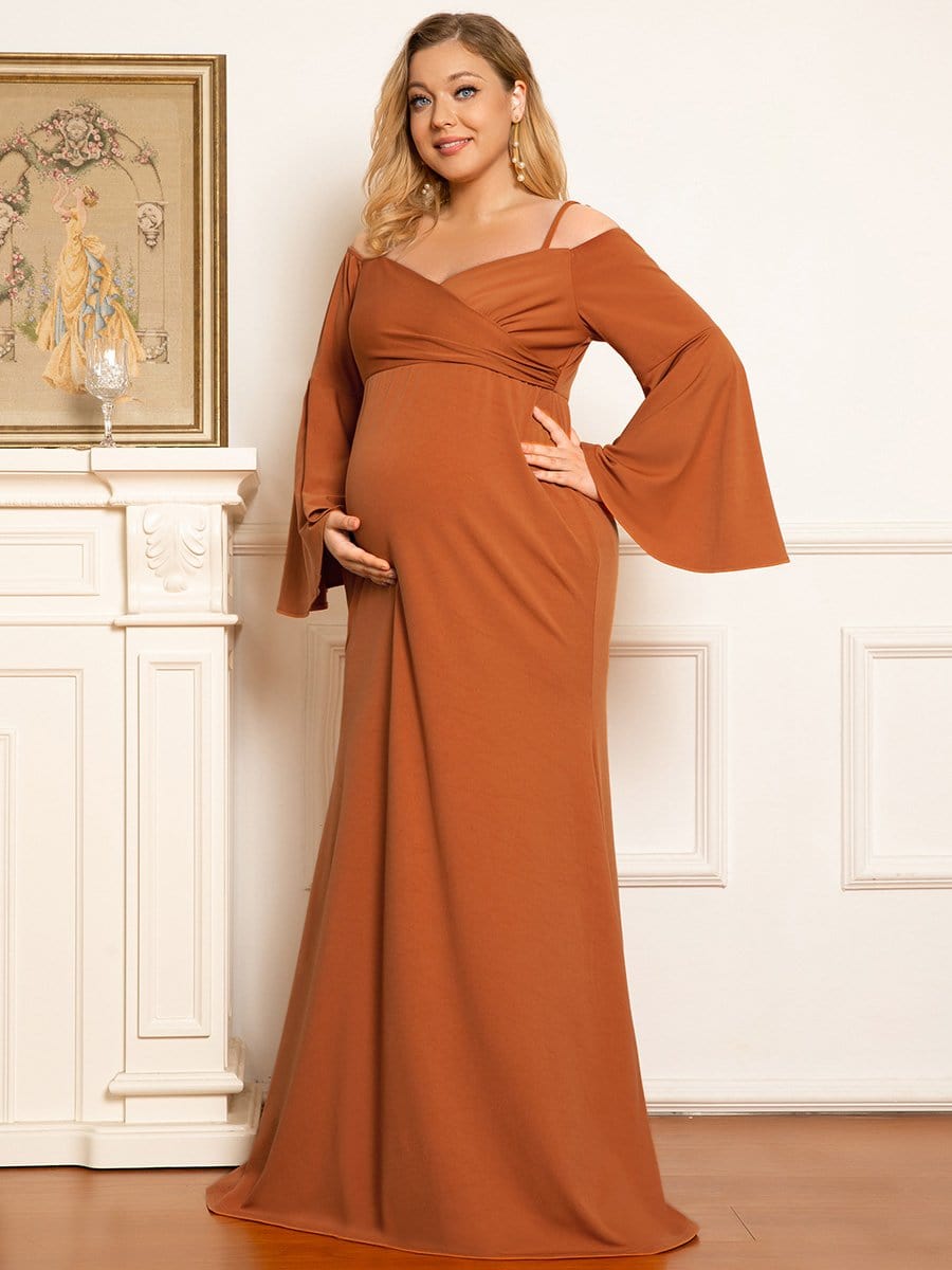 Color=Burnt Yellow | Maxi Robe de Grossesse à Epaule Dénudée et Manches Cloche de Grande Taille-Burnt Yellow 1 Color=Burnt Yellow | Maxi Robe de Grossesse à Epaule Dénudée et Manches Cloche de Grande Taille-Burnt Yellow 1