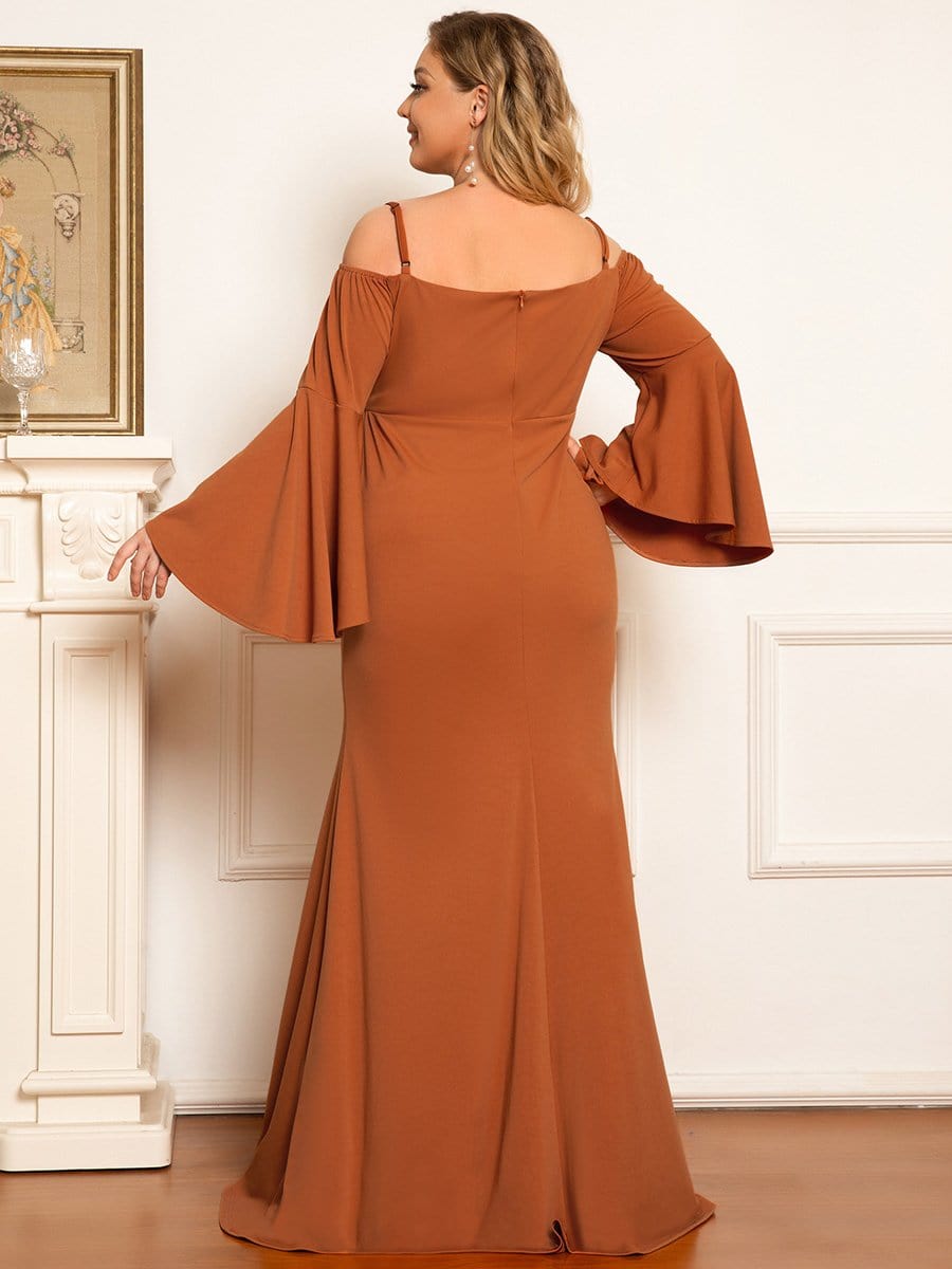 Color=Burnt Yellow | Maxi Robe de Grossesse à Epaule Dénudée et Manches Cloche de Grande Taille-Burnt Yellow 1 Color=Burnt Yellow | Maxi Robe de Grossesse à Epaule Dénudée et Manches Cloche de Grande Taille-Burnt Yellow 2