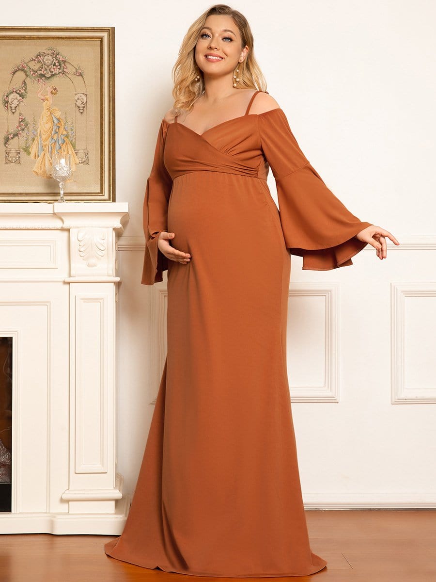 Color=Burnt Yellow | Maxi Robe de Grossesse à Epaule Dénudée et Manches Cloche de Grande Taille-Burnt Yellow 1 Color=Burnt Yellow | Maxi Robe de Grossesse à Epaule Dénudée et Manches Cloche de Grande Taille-Burnt Yellow 3