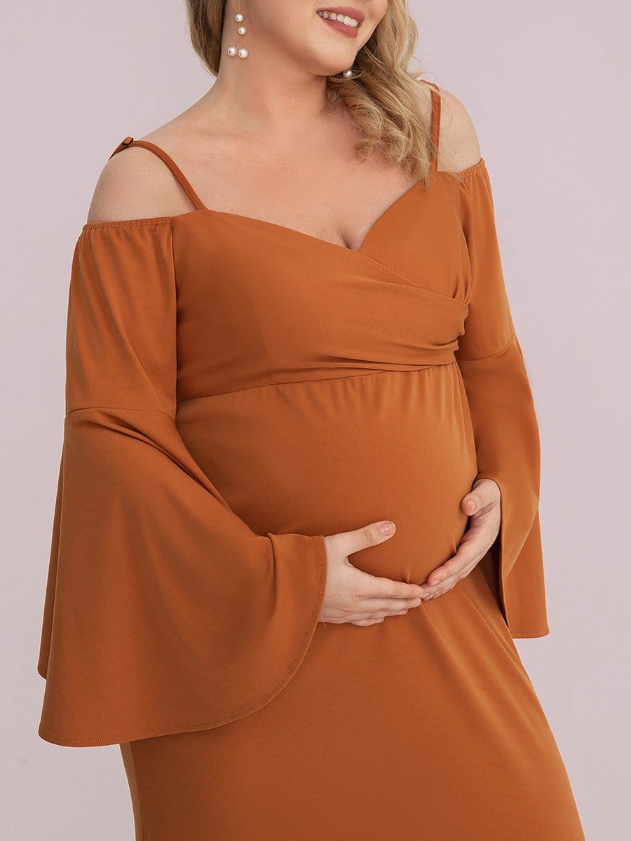 Color=Burnt Yellow | Maxi Robe de Grossesse à Epaule Dénudée et Manches Cloche de Grande Taille-Burnt Yellow 1 Color=Burnt Yellow | Maxi Robe de Grossesse à Epaule Dénudée et Manches Cloche de Grande Taille-Burnt Yellow 6