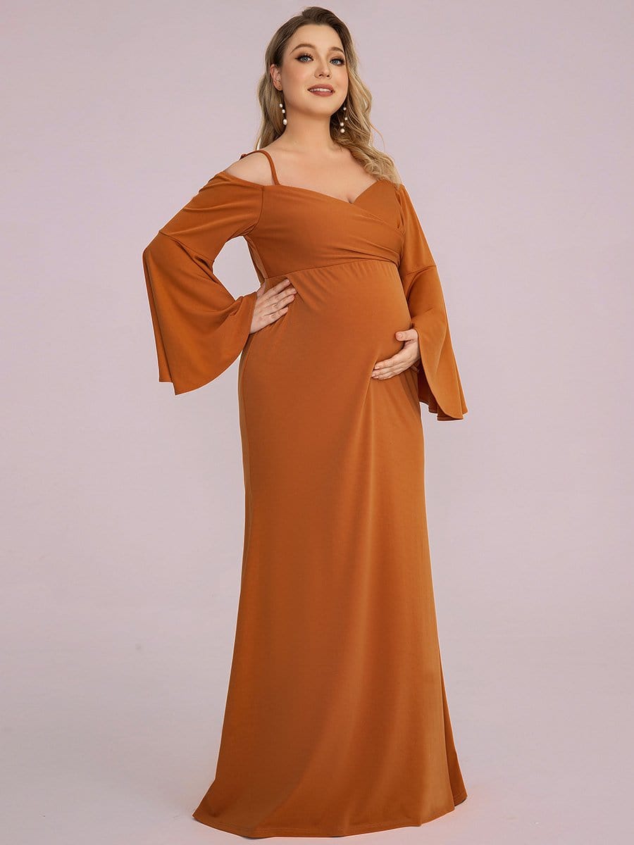 Color=Burnt Yellow | Maxi Robe de Grossesse à Epaule Dénudée et Manches Cloche de Grande Taille-Burnt Yellow 1 Color=Burnt Yellow | Maxi Robe de Grossesse à Epaule Dénudée et Manches Cloche de Grande Taille-Burnt Yellow 4