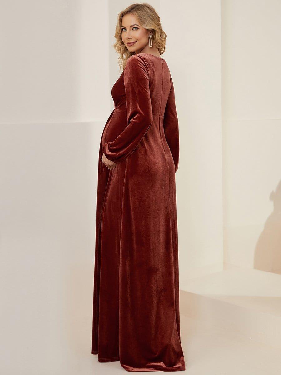 Color=Rouge Brique | Robe de maternité plissée à manches longues en velours-Rouge Brique 1 Color=Rouge Brique | Robe de maternité plissée à manches longues en velours-Rouge Brique 2