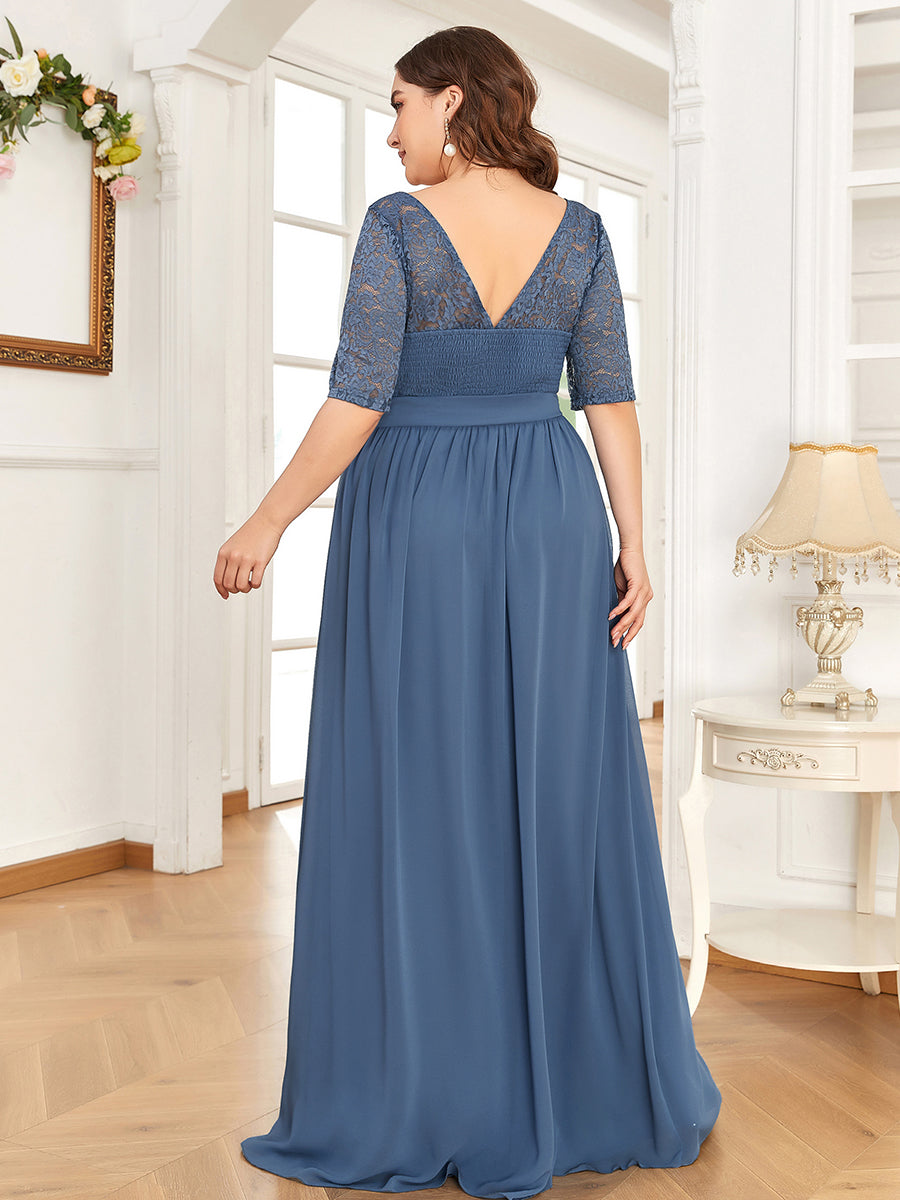 Robe de soirée élégante en dentelle et mousseline avec ceinture pour femmes #Couleur_Marine Fume Robe de soirée Dentelle et mousseline avec ceinture pour femmes