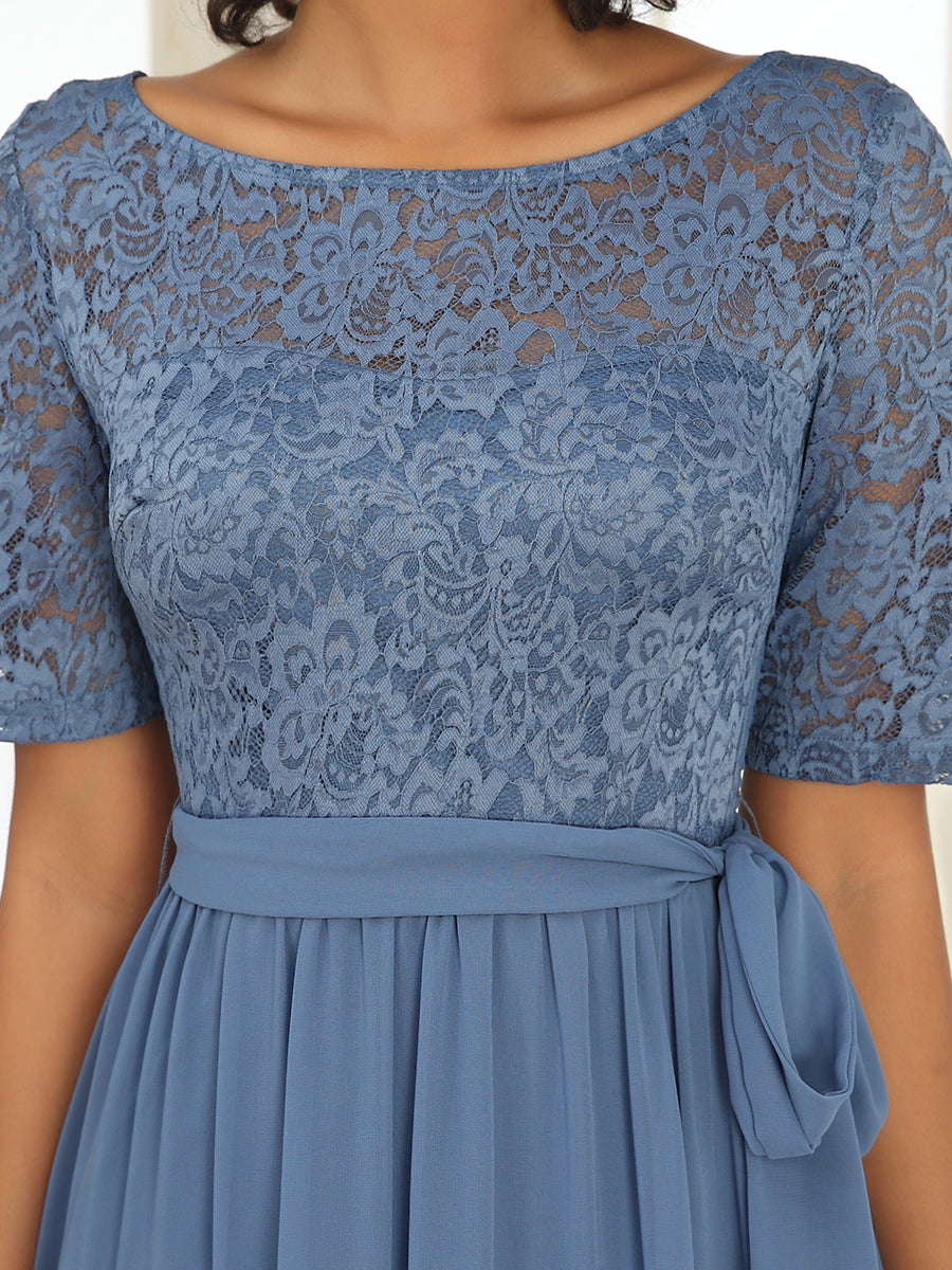 Robe de soirée élégante en dentelle et mousseline avec ceinture pour femmes #Couleur_Marine Fume Robe de soirée Dentelle et mousseline avec ceinture pour femmes