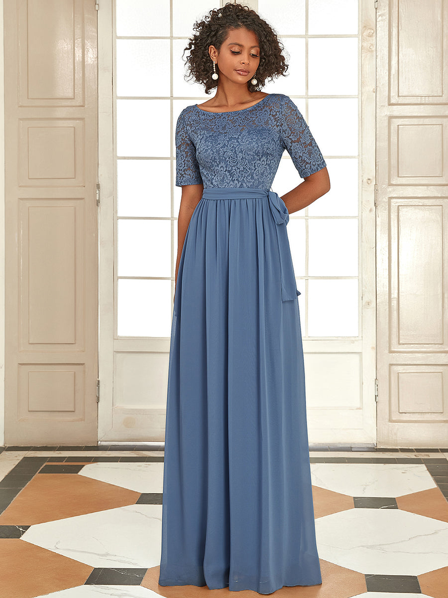 Robe de soirée élégante en dentelle et mousseline avec ceinture pour femmes #Couleur_Marine Fume Robe de soirée Dentelle et mousseline avec ceinture pour femmes