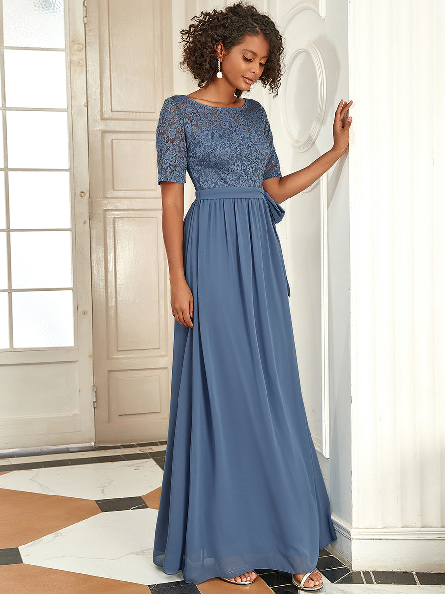 Robe de soirée élégante en dentelle et mousseline avec ceinture pour femmes #Couleur_Marine Fume Robe de soirée Dentelle et mousseline avec ceinture pour femmes