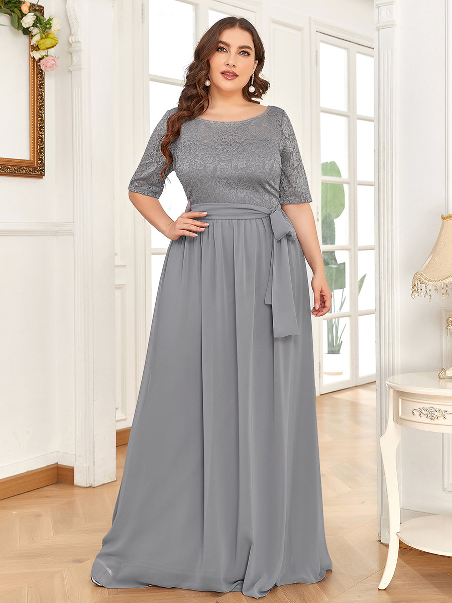 Robe de soirée élégante en dentelle et mousseline avec ceinture pour femmes #Couleur_Marine Fume Robe de soirée Dentelle et mousseline avec ceinture pour femmes