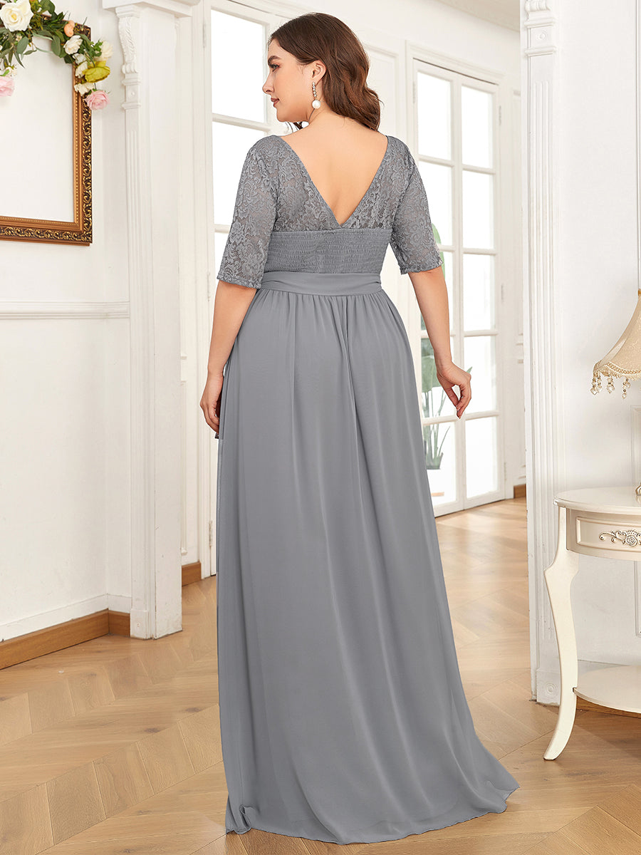 Robe de soirée élégante en dentelle et mousseline avec ceinture pour femmes #Couleur_Marine Fume Robe de soirée Dentelle et mousseline avec ceinture pour femmes