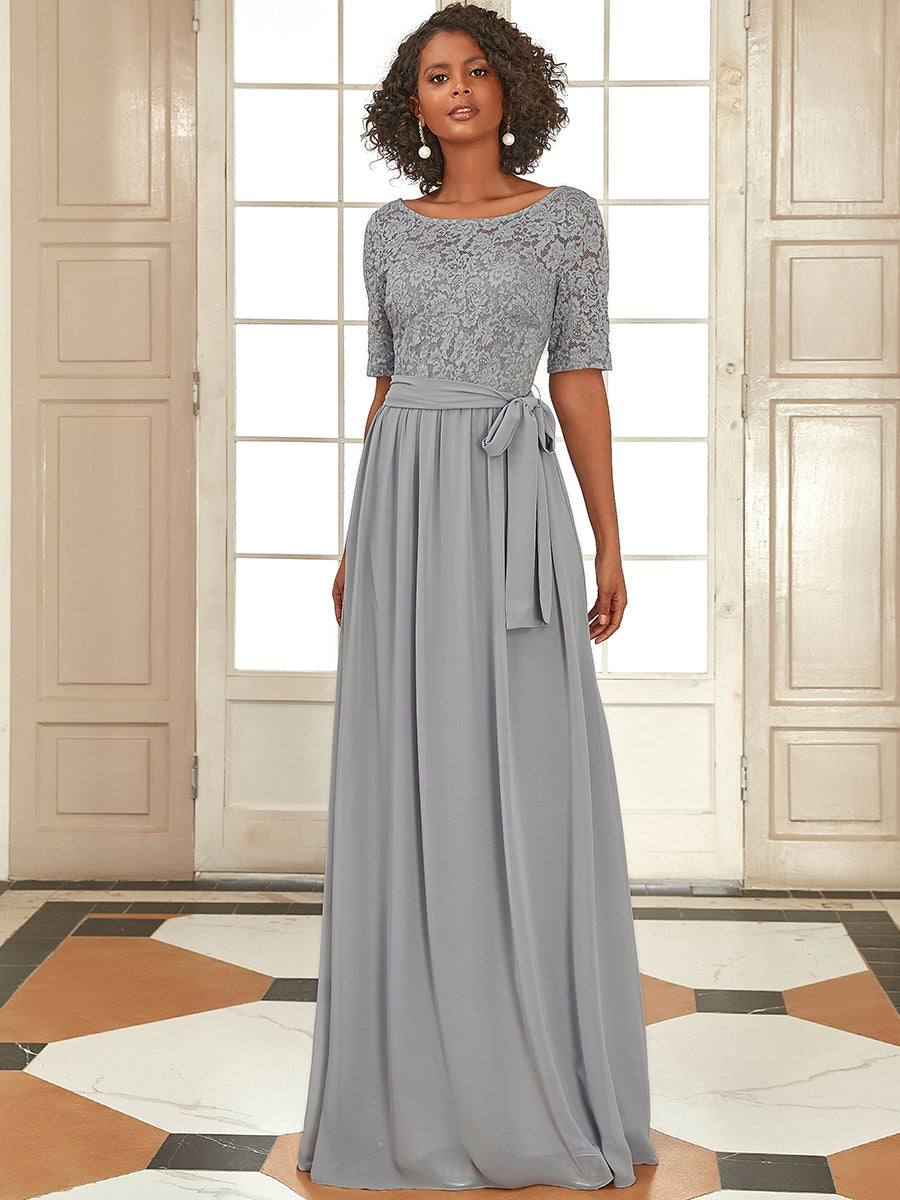 Robe de soirée élégante en dentelle et mousseline avec ceinture pour femmes #Couleur_Marine Fume Robe de soirée Dentelle et mousseline avec ceinture pour femmes