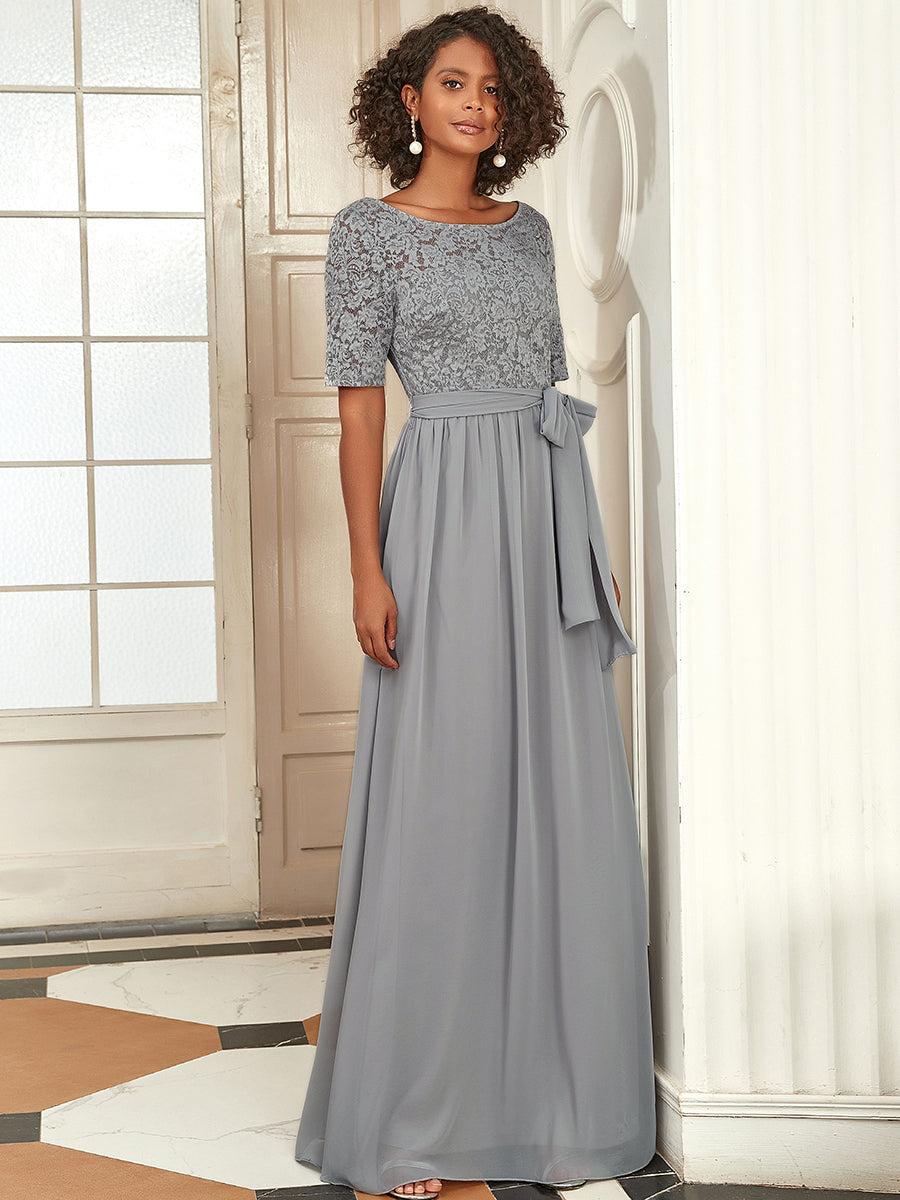 Robe de soirée élégante en dentelle et mousseline avec ceinture pour femmes #Couleur_Marine Fume Robe de soirée Dentelle et mousseline avec ceinture pour femmes