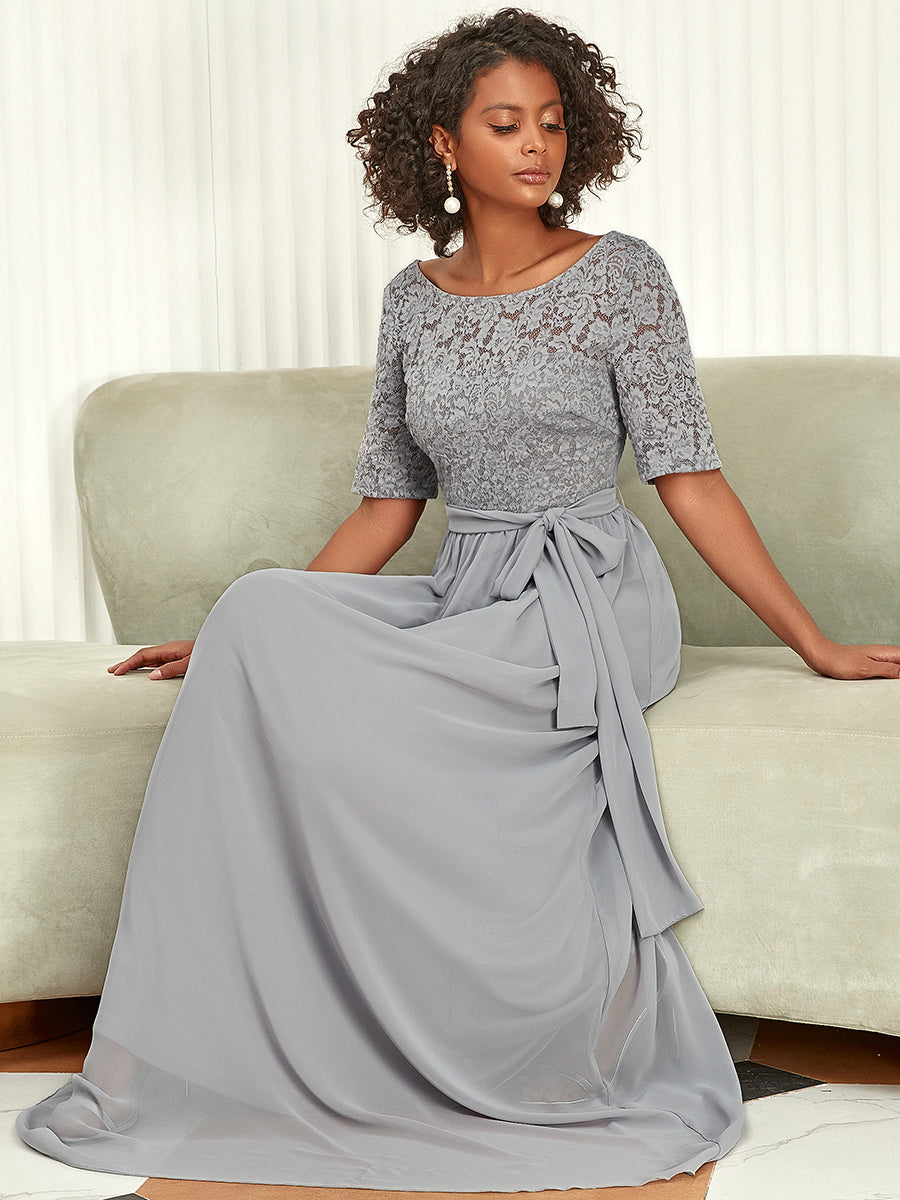 Robe de soirée élégante en dentelle et mousseline avec ceinture pour femmes #Couleur_Marine Fume Robe de soirée Dentelle et mousseline avec ceinture pour femmes