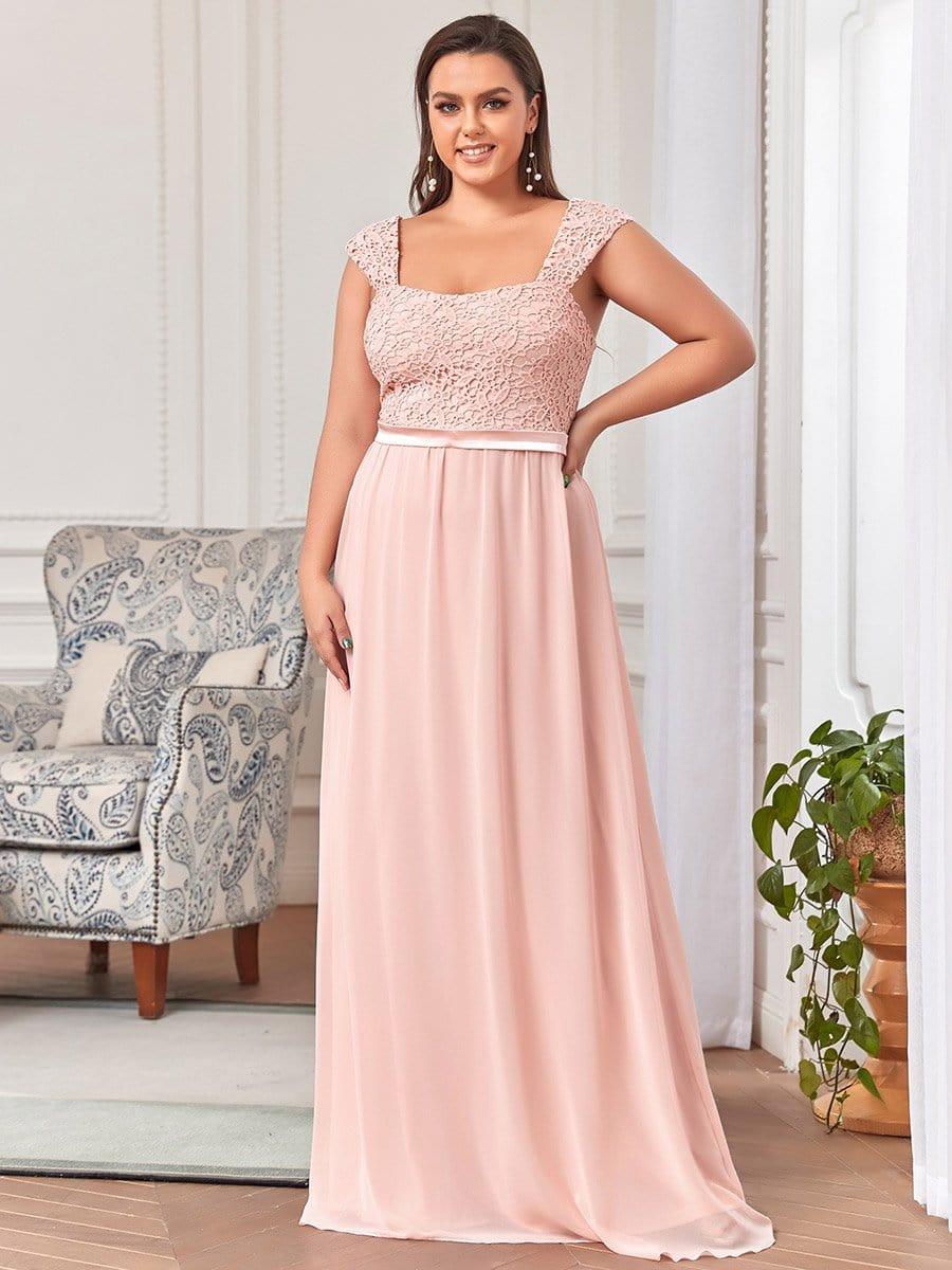 Robe de demoiselle d'honneur longue en mousseline de soie élégante de grande taille avec corsage en dentelle #Couleur_Rose