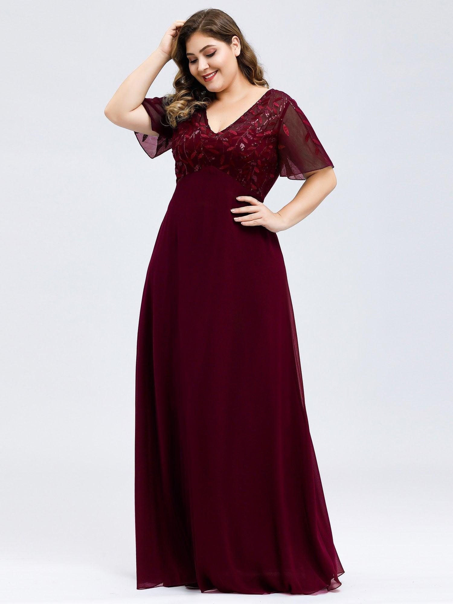 Robe de Soirée Longue Grande Taille à Imprimé Paillettes avec Mancherons #Couleur_Bordeaux Robe de Soirée Longue Grande Taille à Imprimé Paillettes avec Mancherons
