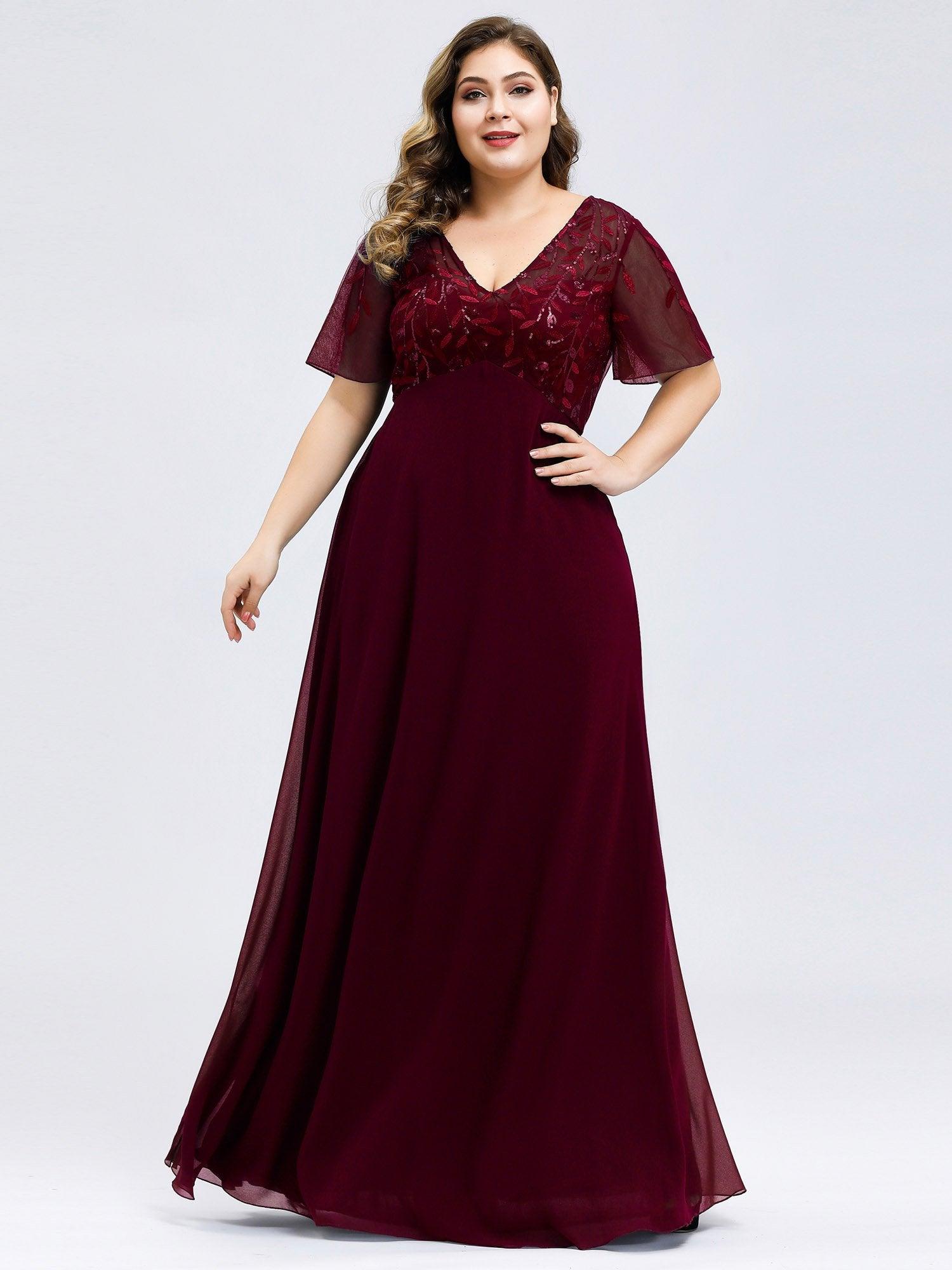 Robe de Soirée Longue Grande Taille à Imprimé Paillettes avec Mancherons #Couleur_Bordeaux Robe de Soirée Longue Grande Taille à Imprimé Paillettes avec Mancherons